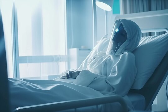 End of technology concept: Cyborg at the deathbed in hospital.