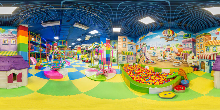 Bright Entertainment Center For Children With Toys And Attractions. Children's Playroom, Children's Center - Full 360 Panorama In Equirectangular Spherical Projection, VR Content. Generative Ai