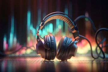 Headphone with audio spectrum wave futuristic background. Music abstract background,Generative AI - obrazy, fototapety, plakaty