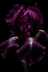A moody dark magenta shot of a purple iris flower. Trendy color of 2023 Viva Magenta.. AI generation.