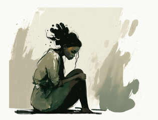 A forlorn black woman sits with her head bowed her thoughts spinning in a muddled haze of confusion.. AI generation.