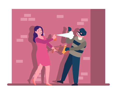 Woman defends herself from mugger with pepper spray. Self protection attack. Burglar stealing female handbag. Safety from robbers. Victim of bag snatcher. Gangster crime. Vector concept