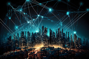 Obraz premium city skyline at night with mindmapping plan technology comunication invesment webservice technology and smart buisiness sky travel at evening and night for investment