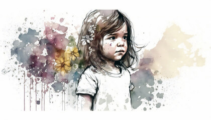 Child Surrounded by Blooming Flowers, isolated on white background - watercolor style illustration background by Generative Ai