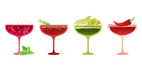 Margarita dessert glass set. Alcohol drink with mint and berries and red pepper. Red cocktail for event and celebration. Flat vector illustration with texture and gradient