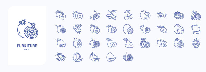 Fruits icon set, including icons like apple, banana, grape, pomegranate, and more