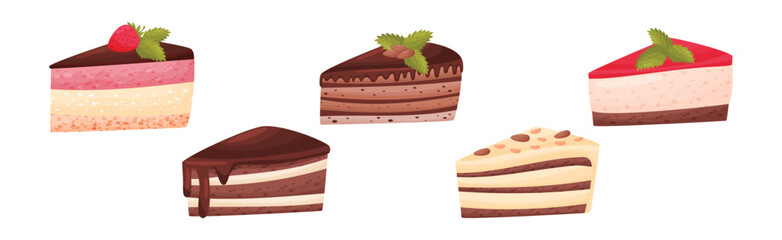 Cake Pieces with Creamy Layer as Yummy Dessert Vector Set
