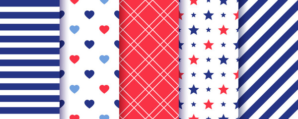 Fototapeta premium Patriotic seamless pattern. 4th July backgrounds. American Happy independence day prints. Set of USA flag geometric textures. Modern backdrop with stars, stripes, hearts and plaid. Vector illustration