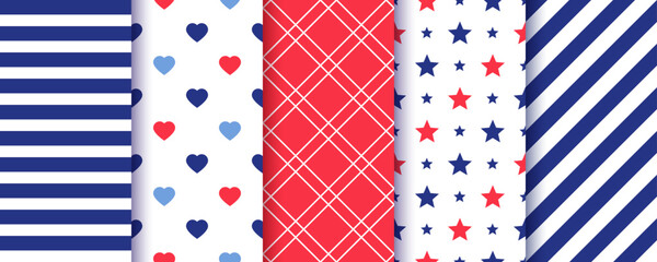 Patriotic seamless pattern. 4th July backgrounds. American Happy independence day prints. Set of USA flag geometric textures. Modern backdrop with stars, stripes, hearts and plaid. Vector illustration