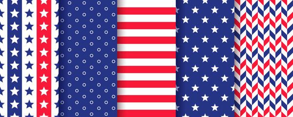4th july seamless pattern. American backgrounds. Patriotic textures. Happy independence prints. Set of geometric backdrops. USA flag blue red backdrops with stars and stripes. Vector illustration.