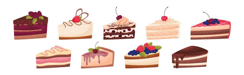 Cake Pieces with Creamy Layer as Yummy Dessert Vector Set