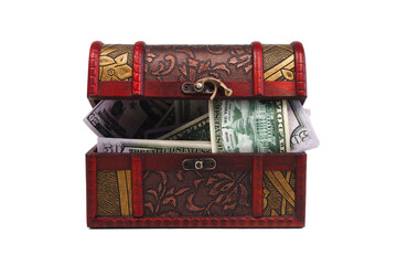 A wooden antique box filled with money, banknotes isolated on a white background. Copy space.