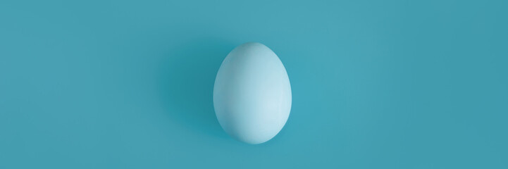 White egg on a light blue background in the center. Background concept for design, visual art, minimalism, easter. Banner for website header design with copy space.
