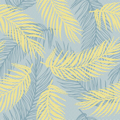 Fototapeta na wymiar Repeat tropical palm leaves vector pattern. Botanical design over waves texture
