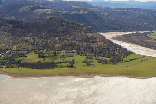 View of part of the bank of Kardzhali Dam, towards Monyak Fortress, Bulgaria