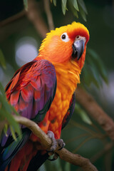 Obraz premium A vibrant close up of a magenta and orange parrot perched atop a tree branch. Trendy color of 2023 Viva Magenta.. AI generation.