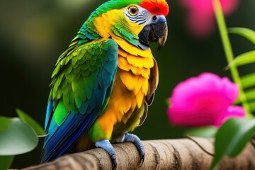 Obraz premium Suriname amazon parrot in the treetops in a tropical rainforest, bright flowers and leaves, exotic plants, vines. Wildlife concept of ecological environment. Generative AI