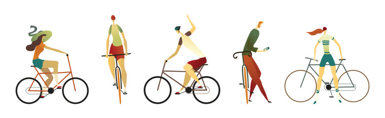 Man and Woman Riding Bicycle Enjoying Vacation or Weekend Activity Vector Set