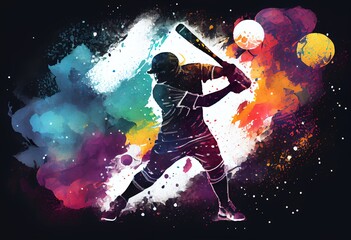 Obraz na płótnie Canvas Watercolor Illustration of a Baseball Player Striking Ball In Galaxy Universe Background Illustration. Generative AI