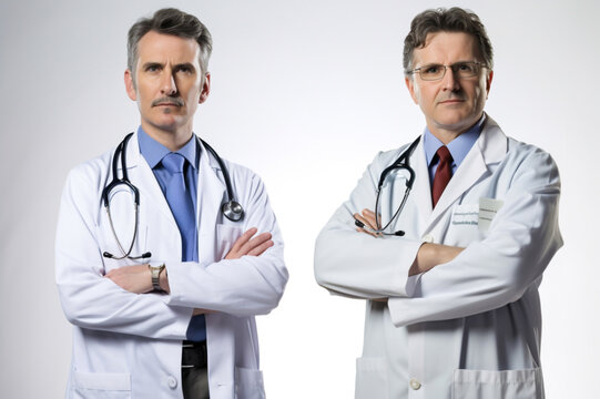 two doctors , portrait, in vhite background, generative ai
