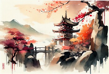 Watercolor Illustration of a Breathtaking Ancient City Landscape Of Japan, Japan In Imagination. Generative AI