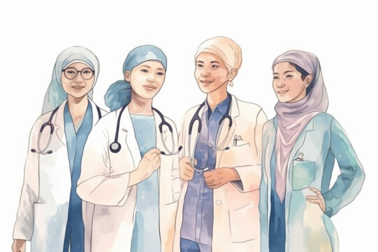 Group of medical doctors in watercolor art,. Unity concept, health international day, generative ai