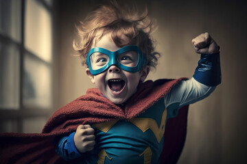 Cute kid in superhero costume, cheerful, with arms up, generative ai