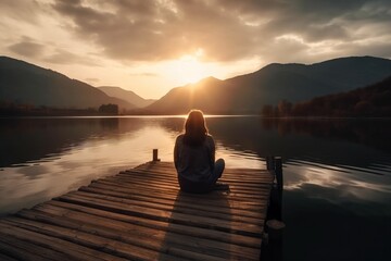 Naklejka na ściany i meble a woman sitting on a dock watching the sun go down over a mountain range in the distance with a lake in the foreground and mountains in the background. generative ai