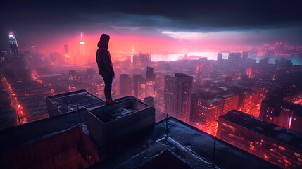 A mysterious silhouette wearing a hoodie standing on a rooftop looking out over a bright city skyline at night, generative ai