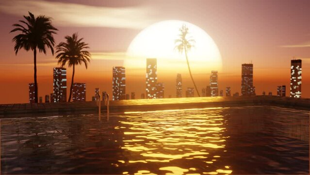 Swimming Pool With Palm Trees At Sunset Time On The Cityscape Background.