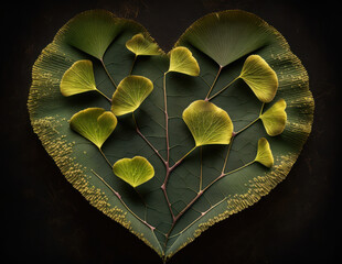 Green heart made by Ginkgo biloba leaves Environmental protection concept created with Generative AI technology.
