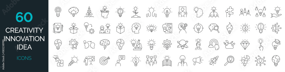 Wall mural set of 60 line icons related to creativity, idea, innovation, teamwork, invention. outline icon coll