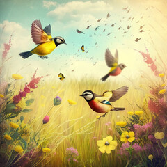 Sunny Dreamy Spring Scene with Colorful Flowers and Birds in Watercolors - Generative AI