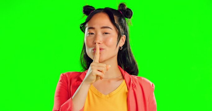 Secret, face and woman with finger on lips on green screen, background and privacy sign. Portrait of asian model, silence and shush of quiet, gossip or whisper emoji of confidential mystery in studio