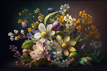 Colorful Spring Flower Bouquet on a Dark Background - Generative AI
