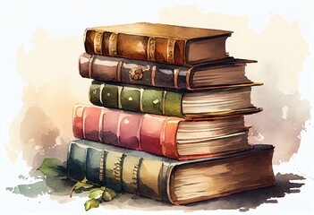 Watercolor Illustration of a Stack Of Old Antique Books. Generative AI