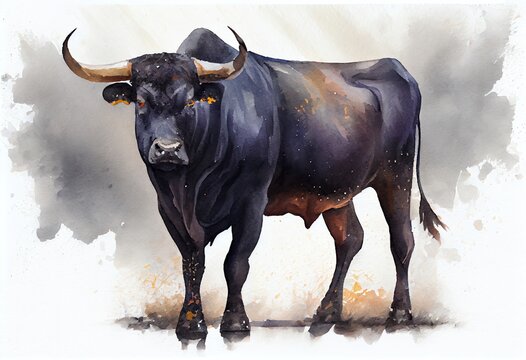 Watercolor Illustration of agry Black Bull On A White Background. Generative AI