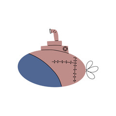 Submarine. Underwater transport. Sea life design. Vector illustration in scandinavian style.