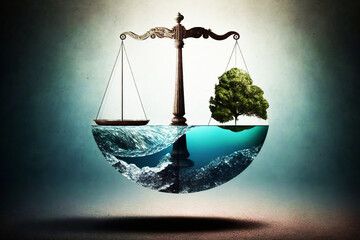 Scales of justice with elements of nature representing environmental balance. Generative AI.