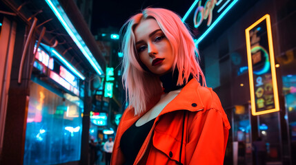 Naklejka na ściany i meble A beautiful woman in a jacket standing in a bright neon light street at night, generative ai