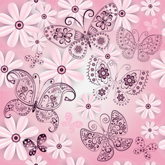 Fototapeta na wymiar Vector seamless gentle spring pink pattern with daisies and shiny openwork butterflies