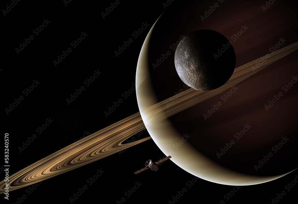 Wall mural 3d render, gas giant planet in deep space. saturn planet and rings close-up