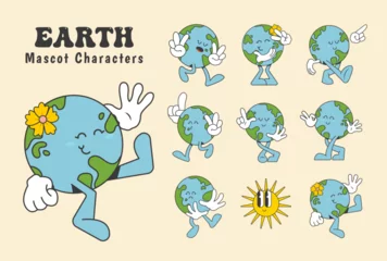 Foto op Canvas earth cartoon mascot characters in trendy retro style, vector illustration © Gumey