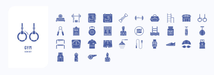 Fototapeta na wymiar Gym and exercise icons, including icons like Bench Press, Chest Expander, Dumbbell, Gym Bag and more 