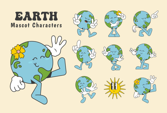earth cartoon mascot characters in trendy retro style, vector illustration