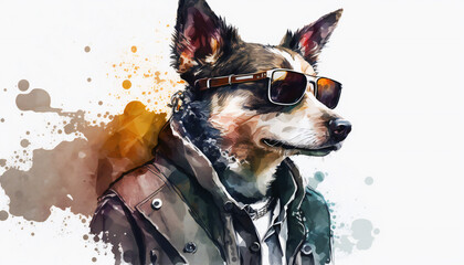 Dog with sunglasses and jacket, isolated on white background - watercolor style illustration background by Generative Ai