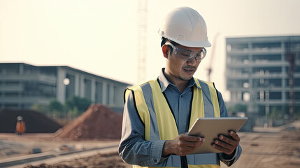 engineer with tablet computer at work, construction site, generative ai, no real person