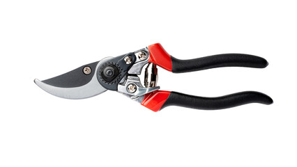 Secateurs. The hand tool is designed to remove shoots and small branches when forming the crown of small trees and shrubs. Isolated on transparent background. Closed state. Top view.