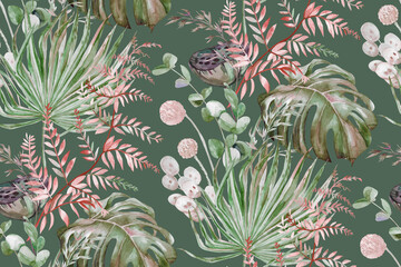 Seamless pattern with dry herbs and palm leaves and tropical leaves in boho style on green for textile