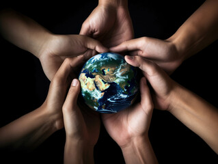 A group of hands connected around the Earth embracing the idea of global corporate responsibility.. AI generation.